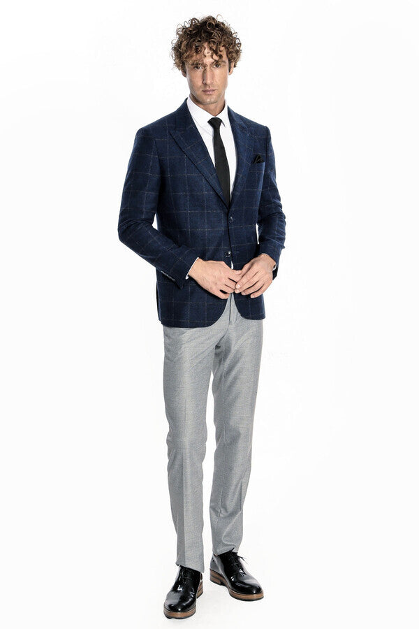 Blazer de lana a cuadros azul marino para hombre - Wessi