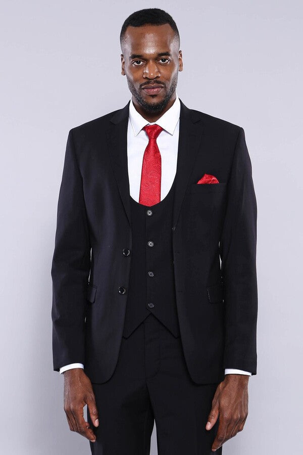 Traje de hombre de 3 piezas liso en color negro - Wessi