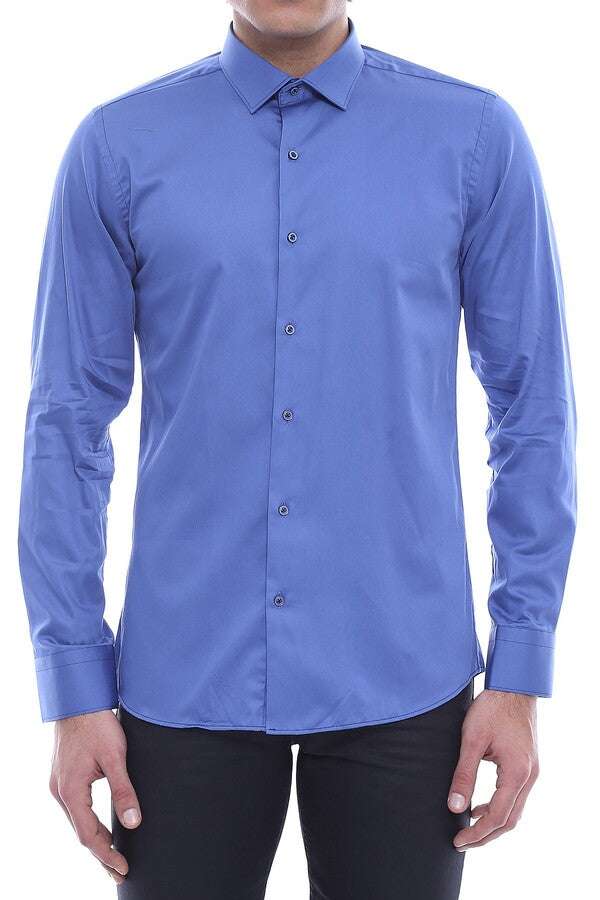 Plain Cotton Satin Blue Shirt - Wessi