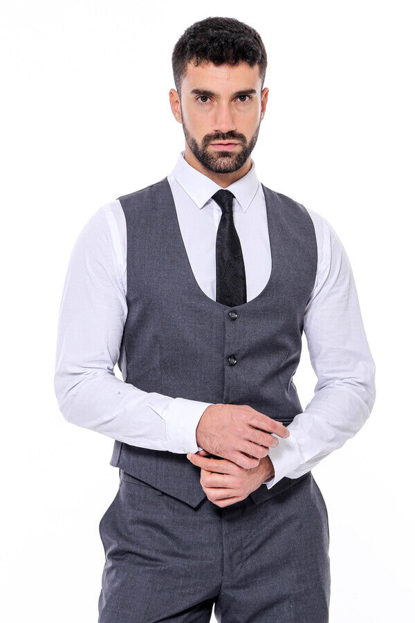 Düz Slim Fit Antrasit Erkek Takım Elbise - Wessi