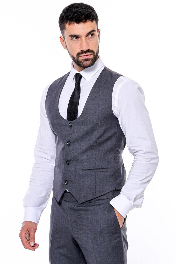 Düz Slim Fit Antrasit Erkek Takım Elbise - Wessi