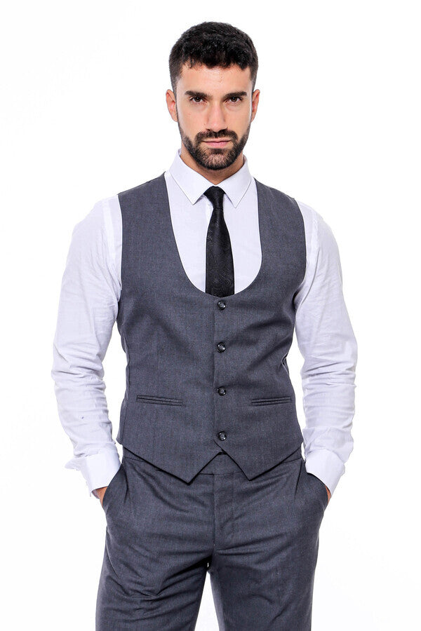 Düz Slim Fit Antrasit Erkek Takım Elbise - Wessi