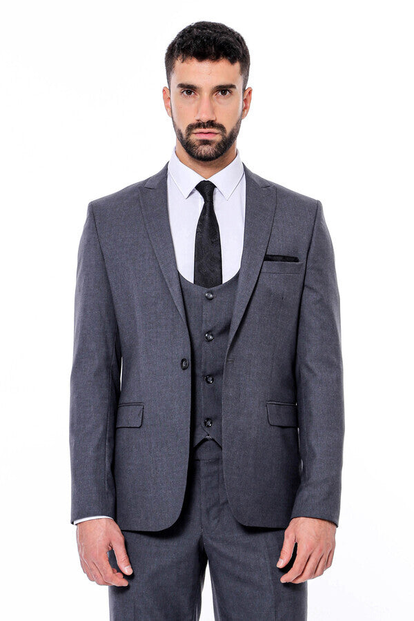 Düz Slim Fit Antrasit Erkek Takım Elbise - Wessi