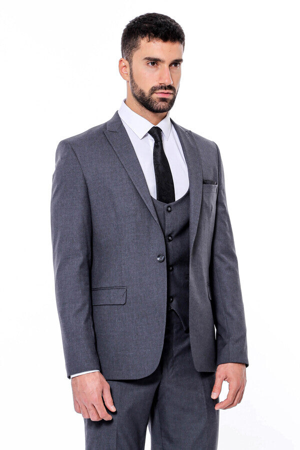 Düz Slim Fit Antrasit Erkek Takım Elbise - Wessi