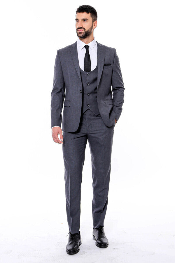 Düz Slim Fit Antrasit Erkek Takım Elbise - Wessi