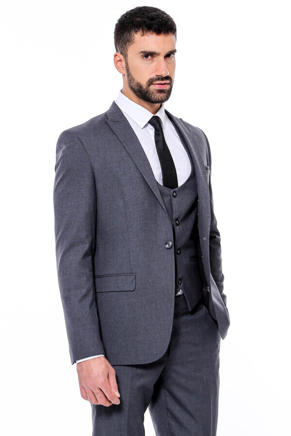 Düz Slim Fit Antrasit Erkek Takım Elbise - Wessi