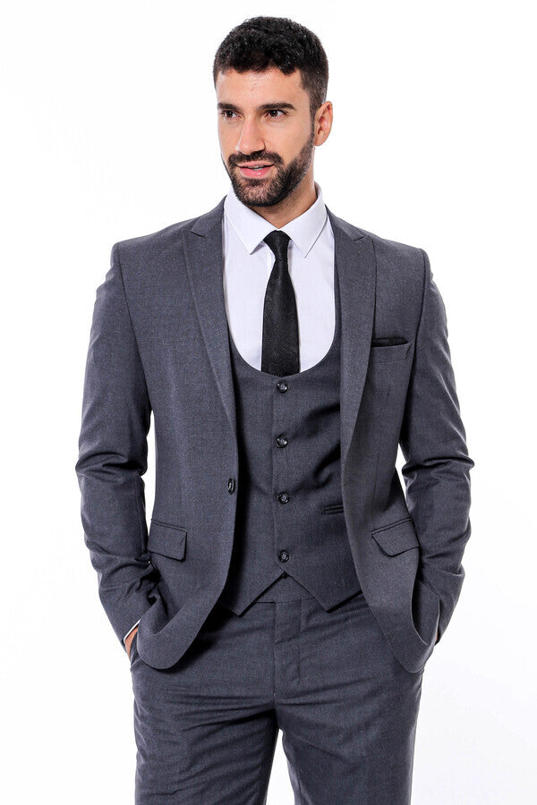 Düz Slim Fit Antrasit Erkek Takım Elbise - Wessi