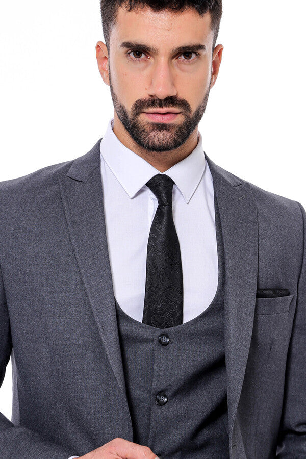 Düz Slim Fit Antrasit Erkek Takım Elbise - Wessi