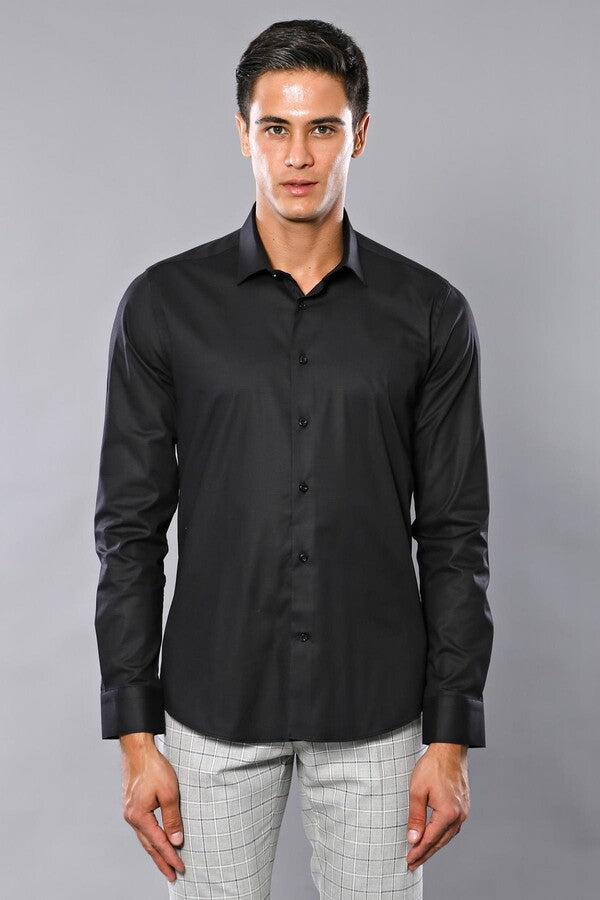 Plain Slim Fit Black Men Shirt - Wessi