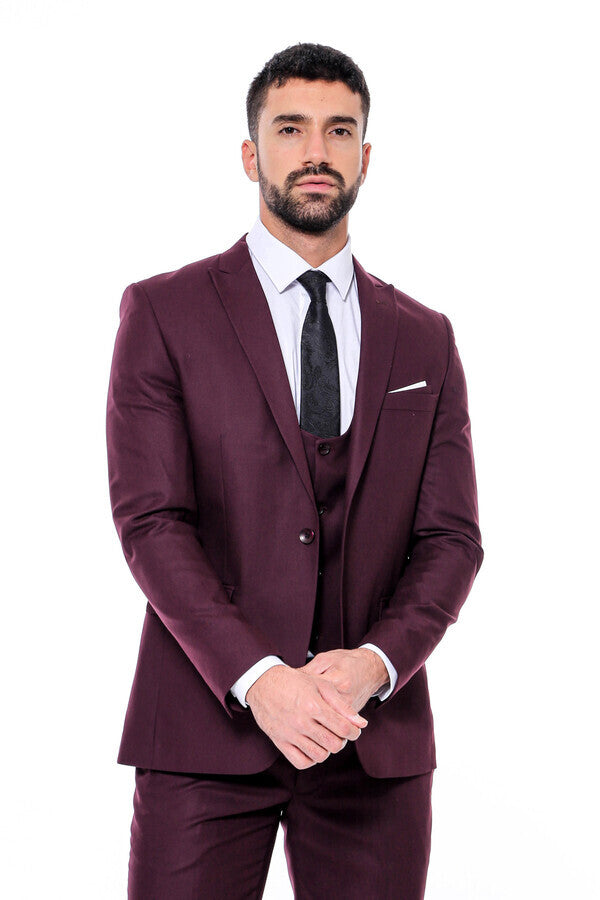 Plain Slim Fit Burgundy Men Suit Wessi – Wessi Wholesale