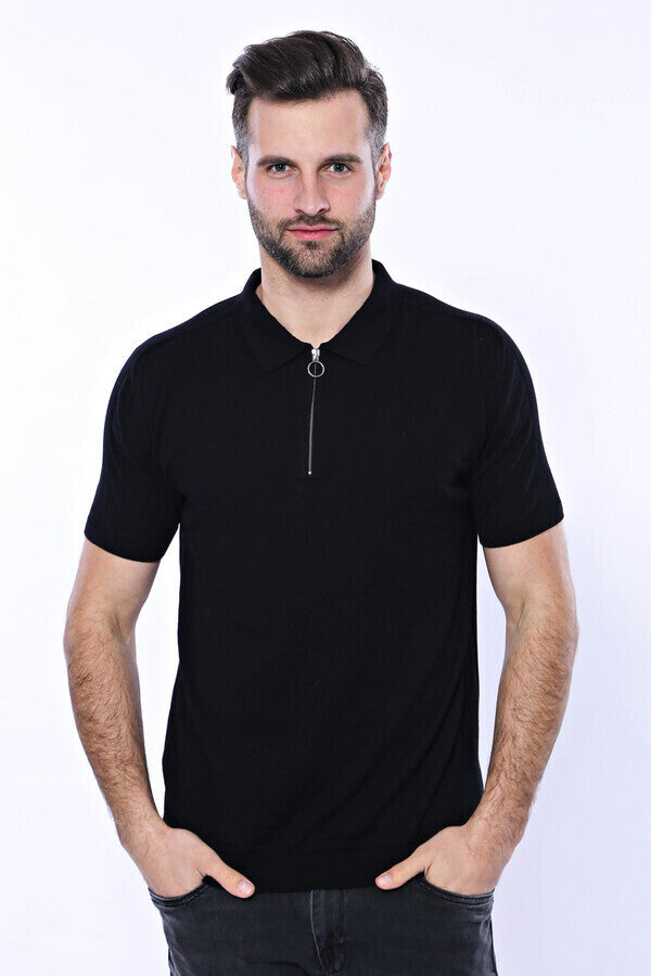 Camiseta de punto negra lisa con cuello alto - Wessi