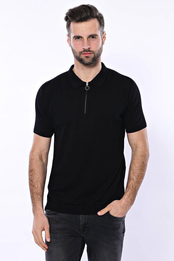 Camiseta de punto negra lisa con cuello alto - Wessi