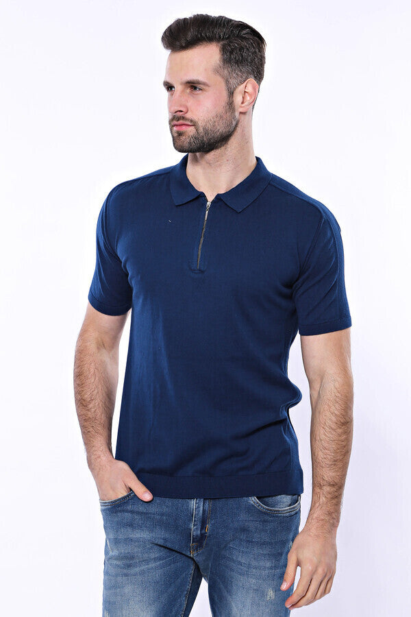 Camiseta de punto azul lisa con cuello alto - Wessi