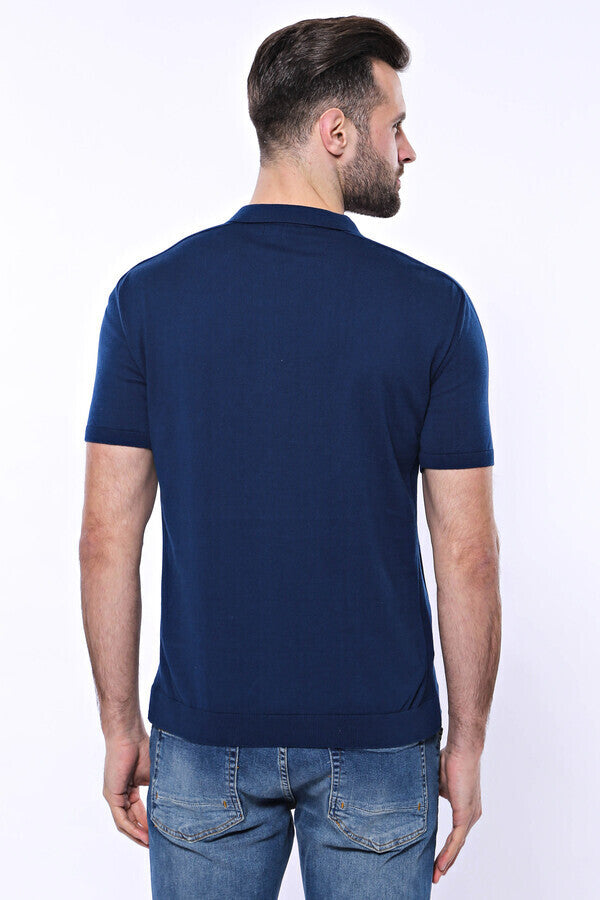 Camiseta de punto azul lisa con cuello alto - Wessi