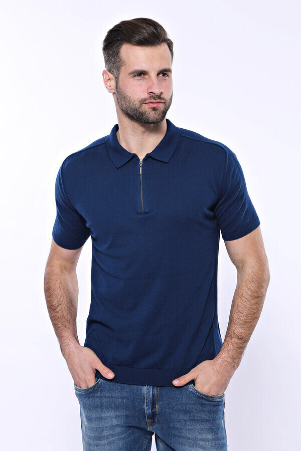 Camiseta de punto azul lisa con cuello alto - Wessi
