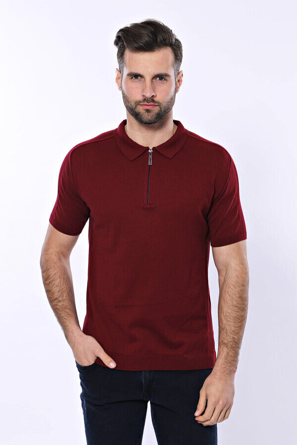 Camiseta de punto lisa de color rojo burdeos con cuello alto - Wessi