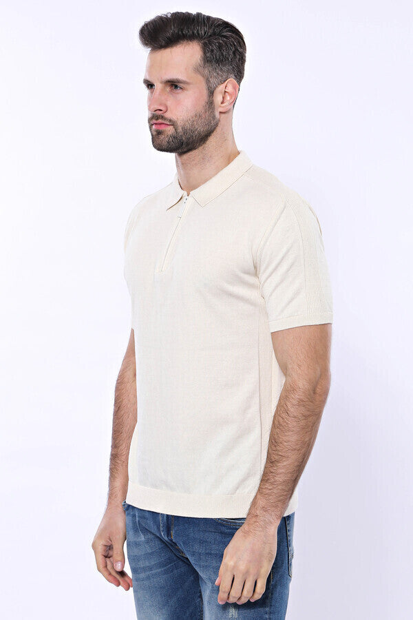 Camiseta de punto color crema lisa con cuello alto - Wessi