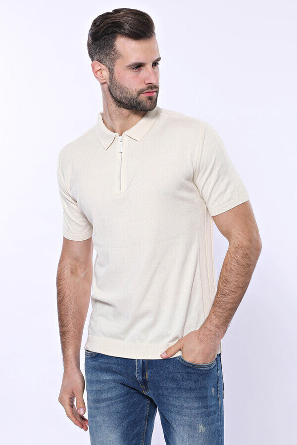 Camiseta de punto color crema lisa con cuello alto - Wessi