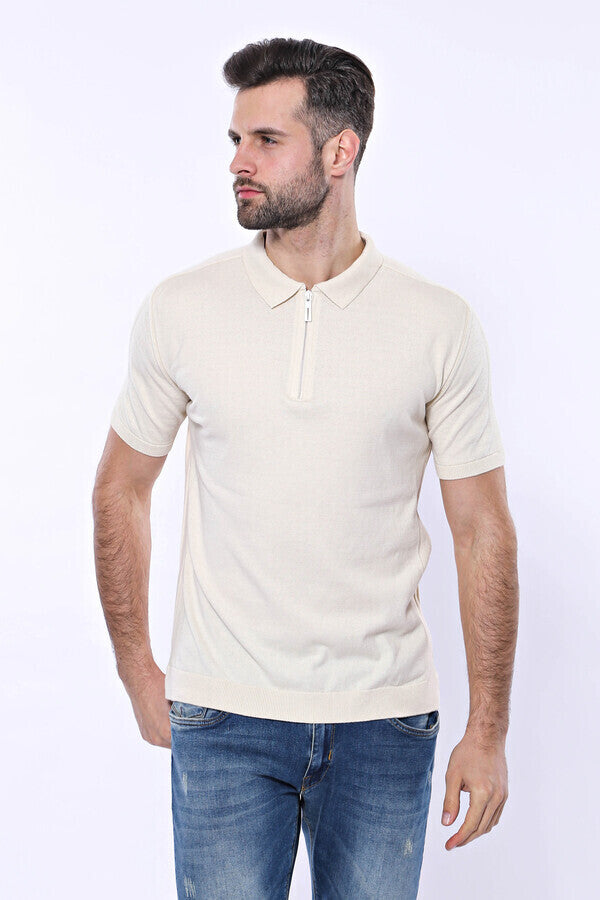 Camiseta de punto color crema lisa con cuello alto - Wessi
