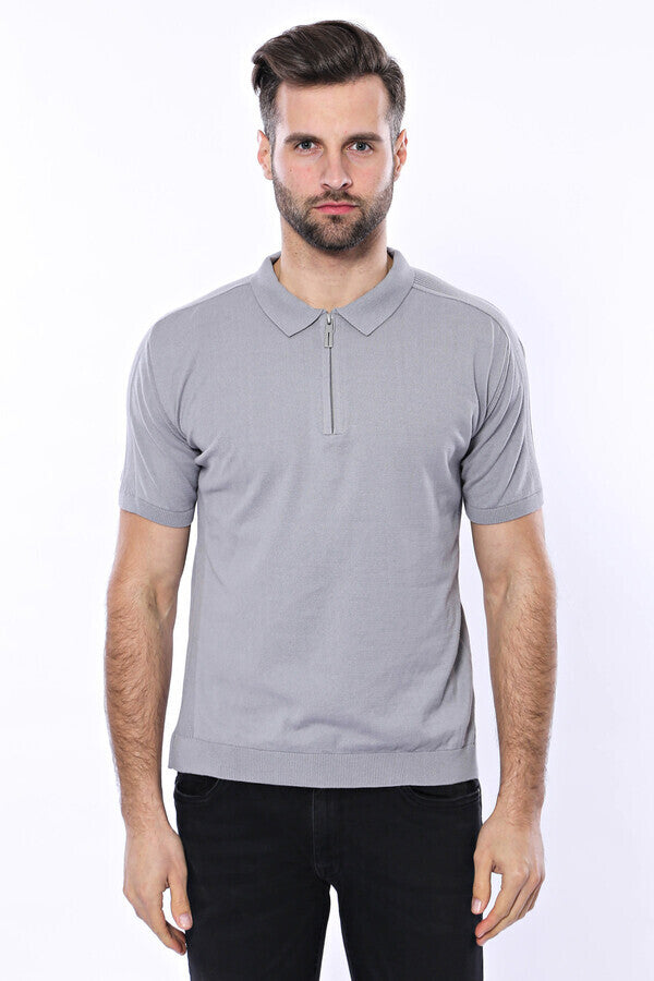 Camiseta de punto gris lisa con cuello alto - Wessi
