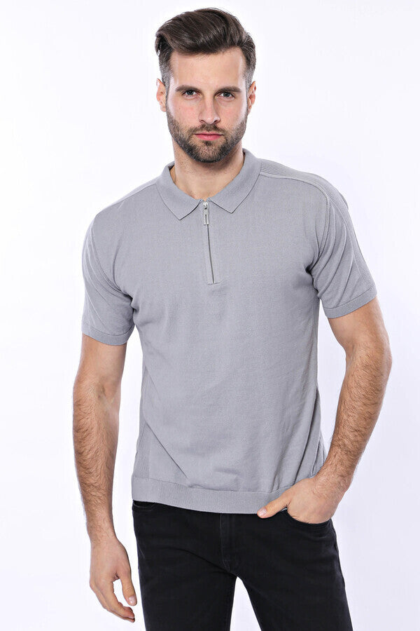 Camiseta de punto gris lisa con cuello alto - Wessi