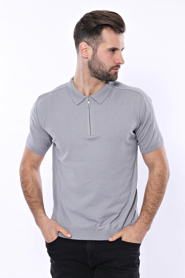 Camiseta de punto gris lisa con cuello alto - Wessi