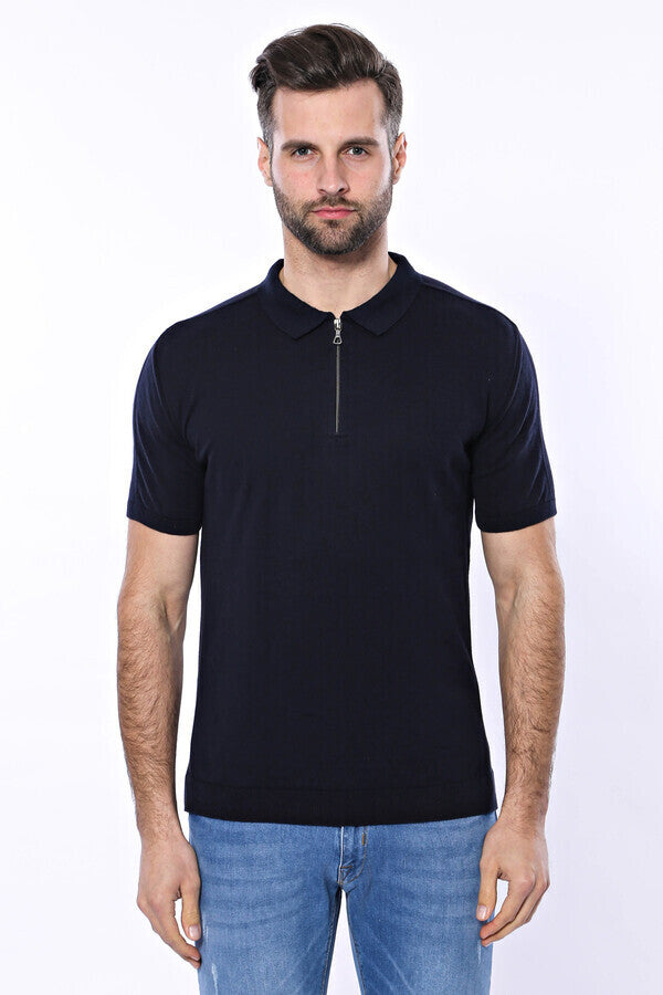 Camiseta de punto azul marino lisa con cuello polo para hombre - Wessi