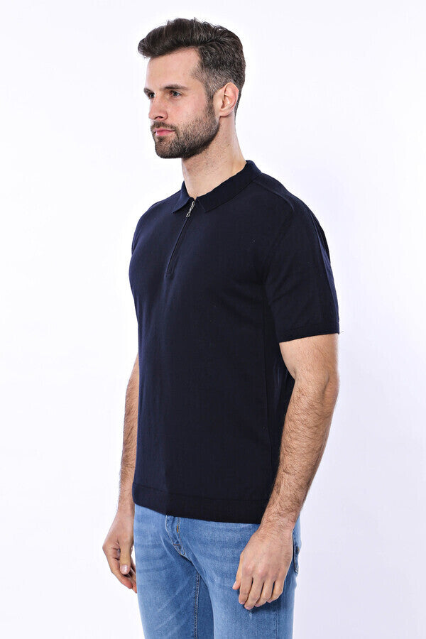 Camiseta de punto azul marino lisa con cuello polo para hombre - Wessi