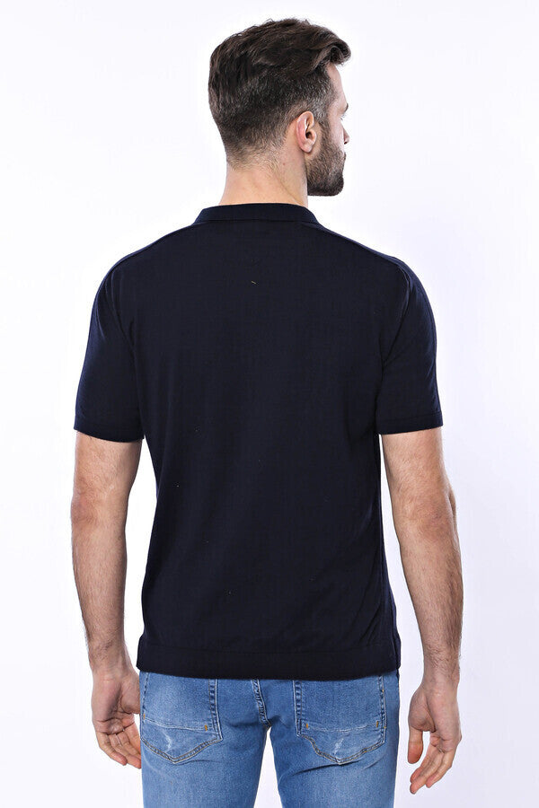 Camiseta de punto azul marino lisa con cuello polo para hombre - Wessi