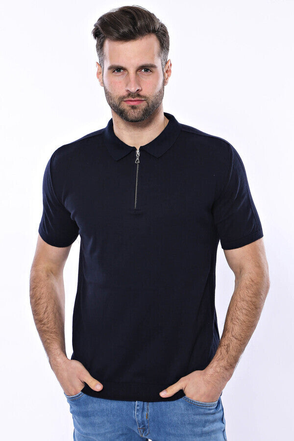 Camiseta de punto azul marino lisa con cuello polo para hombre - Wessi