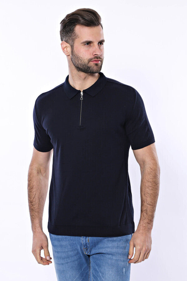 Camiseta de punto azul marino lisa con cuello polo para hombre - Wessi