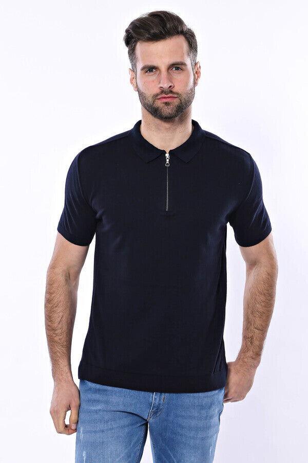 Camiseta de punto azul marino lisa con cuello polo para hombre - Wessi