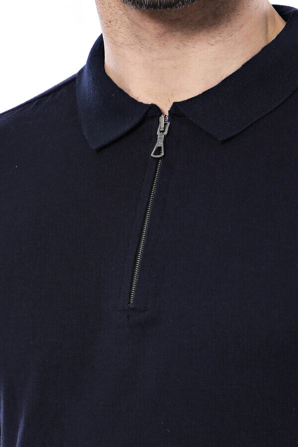 Camiseta de punto azul marino lisa con cuello polo para hombre - Wessi