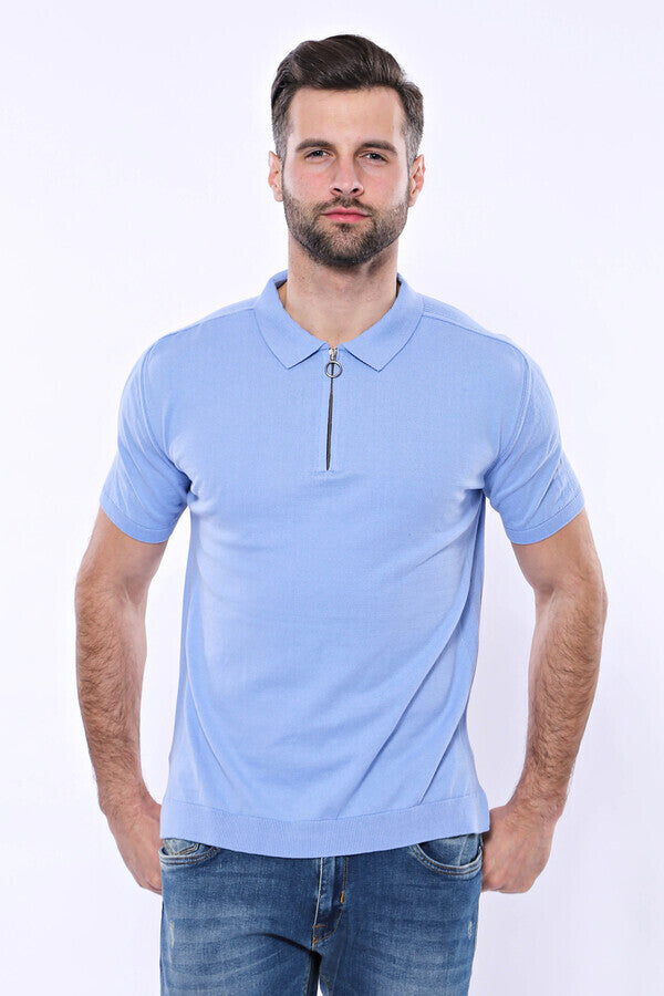 Camiseta de punto azul cielo lisa con cuello alto - Wessi