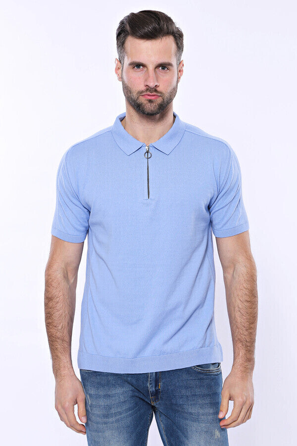 Camiseta de punto azul cielo lisa con cuello alto - Wessi