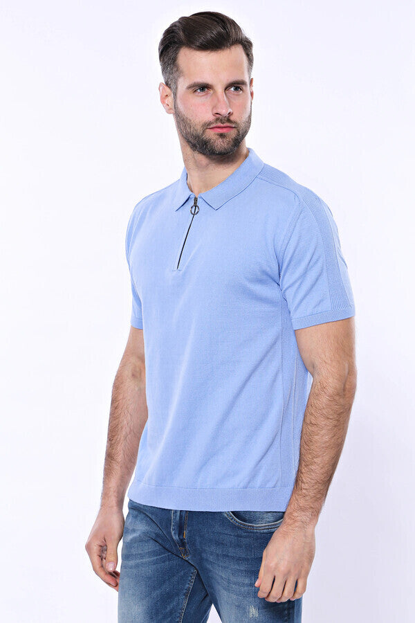 Camiseta de punto azul cielo lisa con cuello alto - Wessi