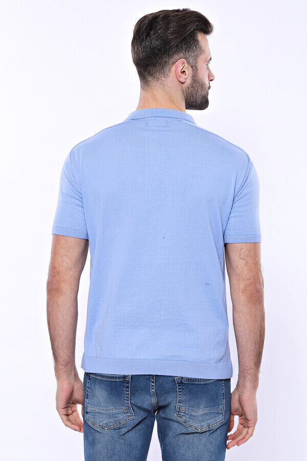 Camiseta de punto azul cielo lisa con cuello alto - Wessi