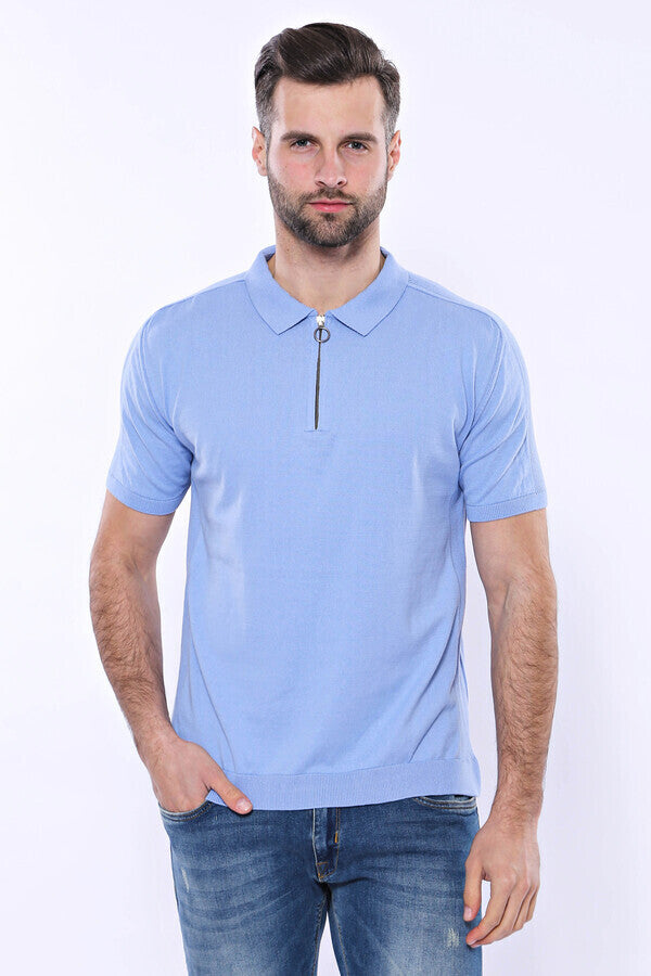 Camiseta de punto azul cielo lisa con cuello alto - Wessi