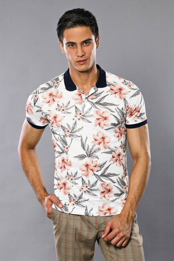 Polo Neck Floral Patterned Men Cream T-Shirt - Wessi