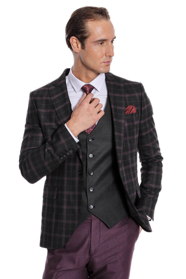 Mor Yelekli Slim Fit Kareli Siyah Erkek Takım Elbise - Wessi