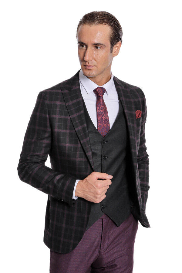 Mor Yelekli Slim Fit Kareli Siyah Erkek Takım Elbise - Wessi