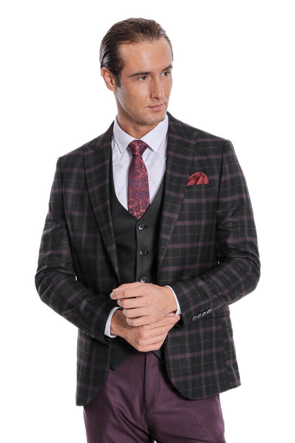 Mor Yelekli Slim Fit Kareli Siyah Erkek Takım Elbise - Wessi