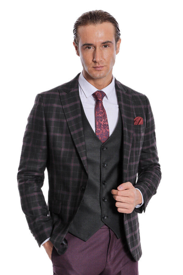 Mor Yelekli Slim Fit Kareli Siyah Erkek Takım Elbise - Wessi