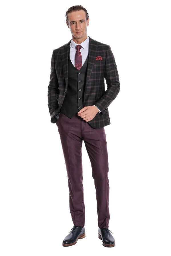 Mor Yelekli Slim Fit Kareli Siyah Erkek Takım Elbise - Wessi