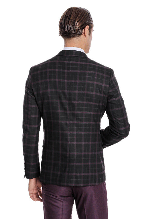 Mor Yelekli Slim Fit Kareli Siyah Erkek Takım Elbise - Wessi