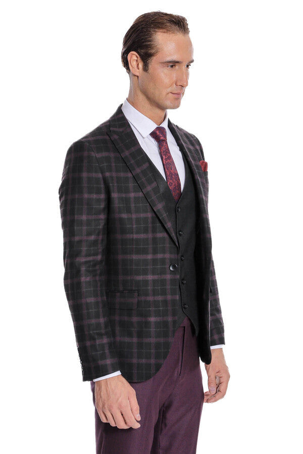 Mor Yelekli Slim Fit Kareli Siyah Erkek Takım Elbise - Wessi