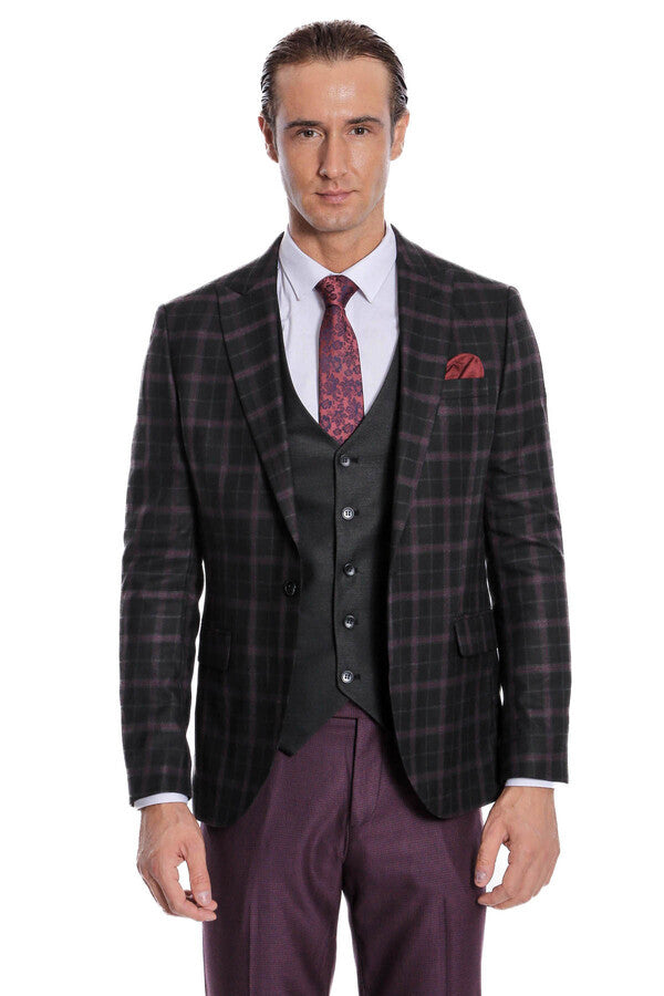 Mor Yelekli Slim Fit Kareli Siyah Erkek Takım Elbise - Wessi