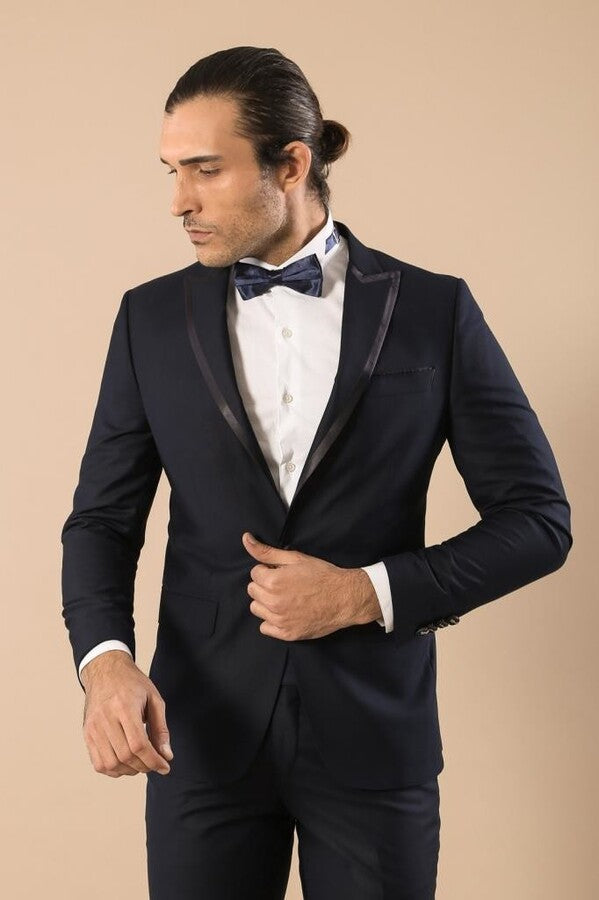 Çıkarılabilir Yaka Erkek Mavi Tuxedo Takım Elbise | Wessi