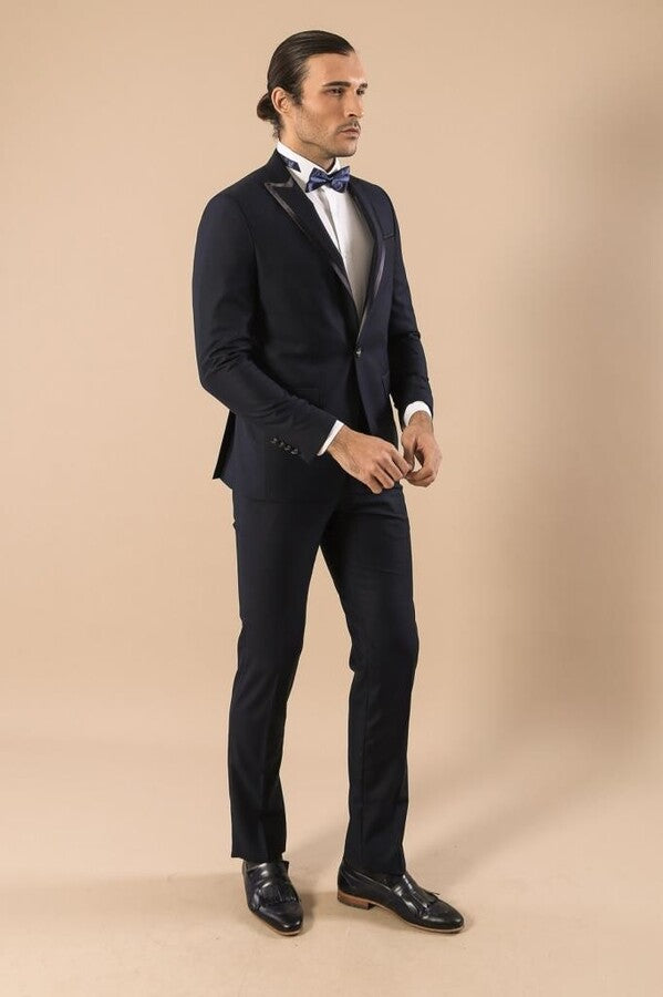 Çıkarılabilir Yaka Erkek Mavi Tuxedo Takım Elbise | Wessi
