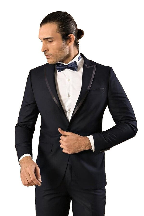 Çıkarılabilir Yaka Erkek Mavi Tuxedo Takım Elbise | Wessi